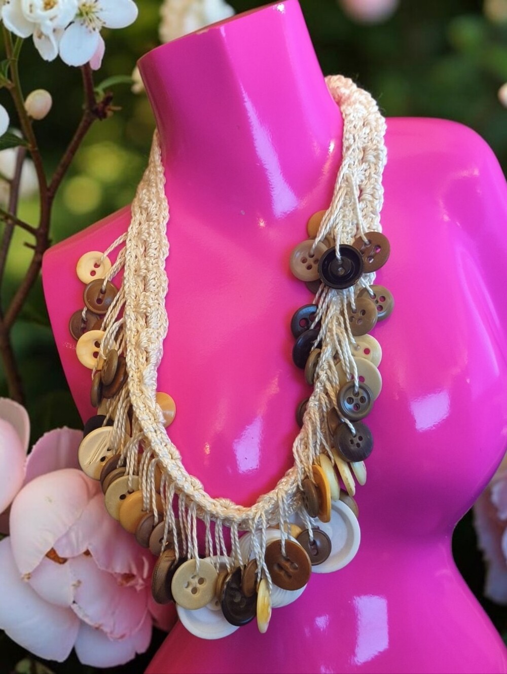 Handmade Button Fringe Necklace in Cream and Brown